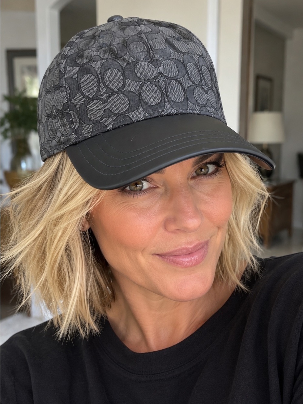 Coach Signature Jacquard Leather Brim/Flat Brim Hat Cap in Black and Grey